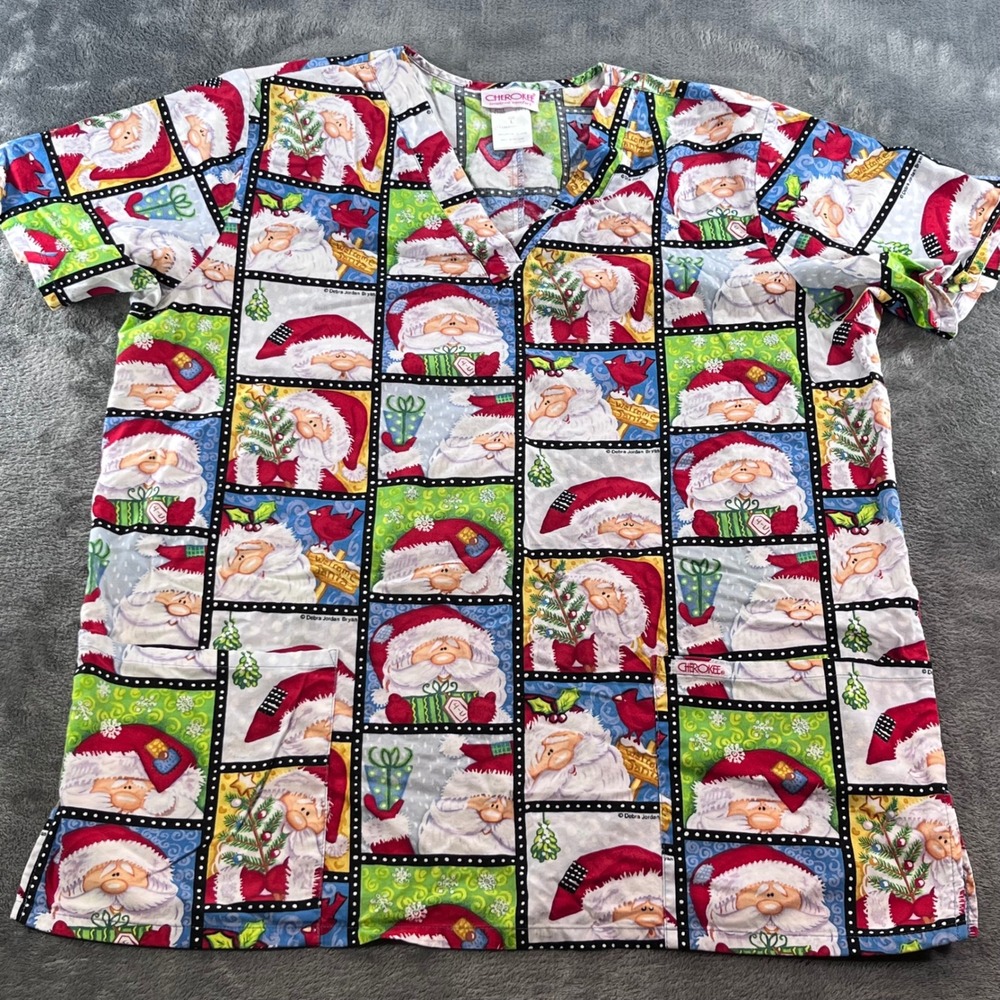 Cherokee Santa Claus Christmas Scrub Top V-Neck 100% Cotton Large 1700 SANT